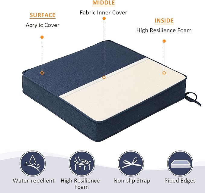 Sunbrella Square Corner Seat Cushions, 19" x 19" x 3", Set of 4, Indoor Outdoor Water Repellent Universal Chair Pads with Ties for Patio Furniture, Garden Deck Dining Chairs, Canvas Navy Blue