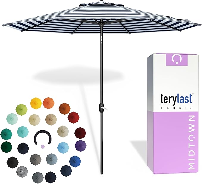 Midtown Umbrellas - 10-Year-No-Fade 9 Ft Patio Umbrella with Terylast Fabric, Auto-Tilt Aluminum Frame and 8 Reinforced Ribs for Deck, Pool, Garden & Beach - Navy Stripes Canopy, Black Pole