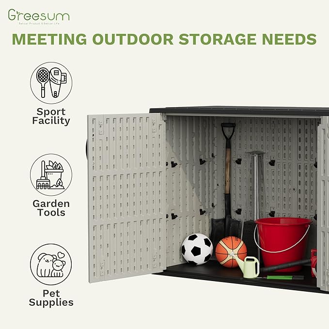 Greesum Outdoor Storage Cabinet, 25 CUFT Deck Box Without Shelves, Waterproof Plastic Storage Shed for Patio Cushions, Gardening Tools, Lockable and Sidehandles, UV Resistant, Beige