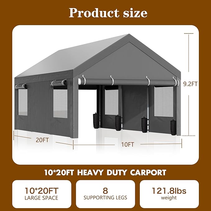 Nuturelly 12x20 FT Carport, Heavy Duty Carport Canopy with Roll-up Windows, Portable Garage with Removable Sidewalls & Doors, Car Canopy with All-Season PE Tarp for Car, Truck, Boat,Gray