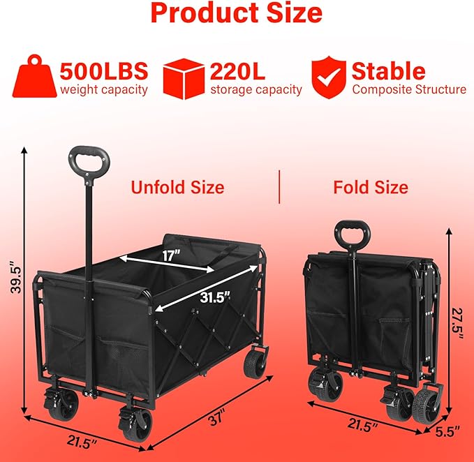 Collapsible Wagons Carts Foldable, 500LBS Heavy Duty Wagon Cart Foldable with Brakes & All-Terrain Wheels– 34'' Extra Long Folding Wagon Portable Lightweight for Camping, Beach，Sports, Shopping