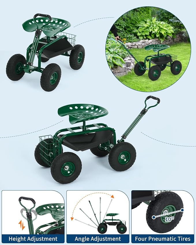 Garvee Heavy Duty Garden Seat, Garden Scooter Rolling Work Seat, 360° Swivel with 10-Inch All-Terrain Inflatable Tires, Extendable Steering Handle & Metal Tool Tray for Planting, Weeding, Yard Work