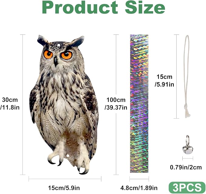 3PCS Hanging Effective Fake Owl Control Device Dual-Side Outdoors Owl with Reflective Tape for Patio Yard Outdoor Front Porch Backyard Windows