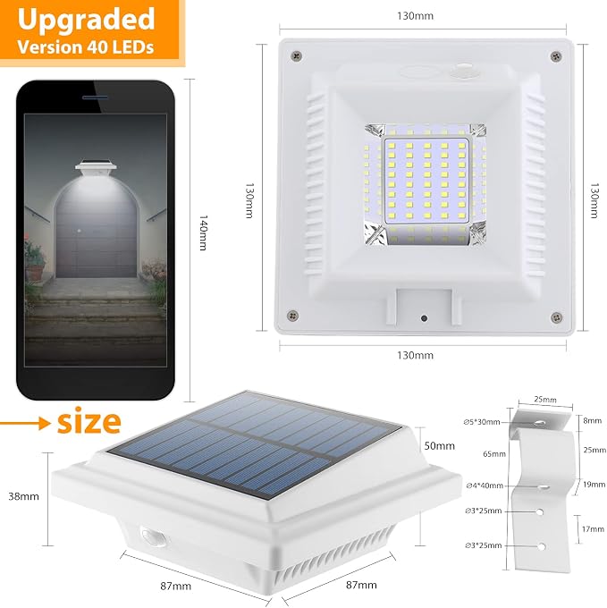 Outdoor Solar Fence Lights - 40 LED Outdoor Security Lights for Eaves, Garden, Landscape & Walkway (2PCS, Cool White, Waterproof)