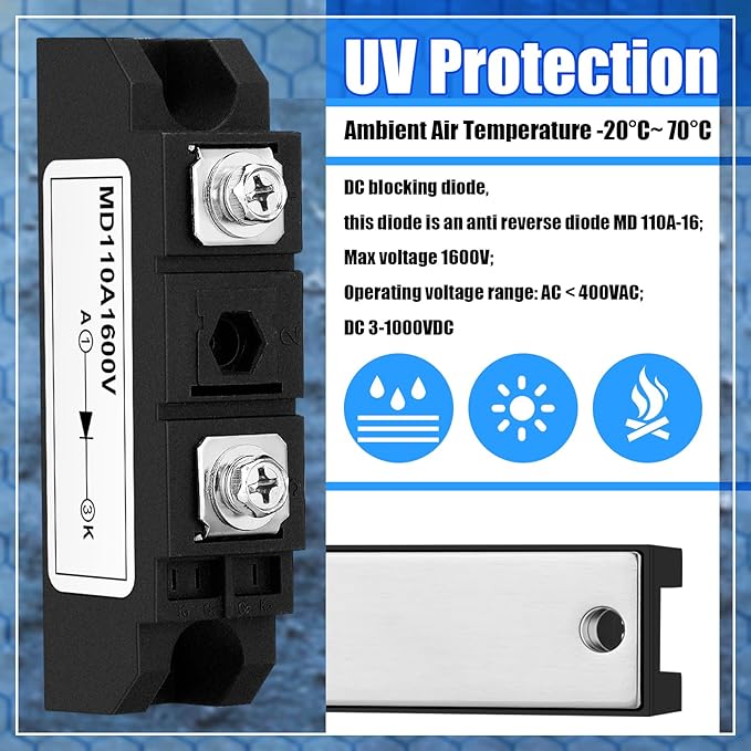 Yexiya 2 Pcs MD 110A (100A)-16 Solar Diode, Anti Reverse One Way Diode Use Voltage Range: AC - 400VAC; DC 3-1000V; Applied in Photovoltaics, Solar Energy Panels 12V 24V 48V