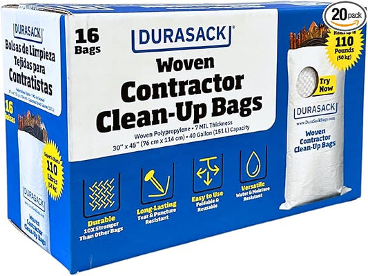 DURASACK Contractor Bags Heavy Duty 40-Gallon Reusable White Woven Polypropylene Contractor Garbage Bags, Pack of 20