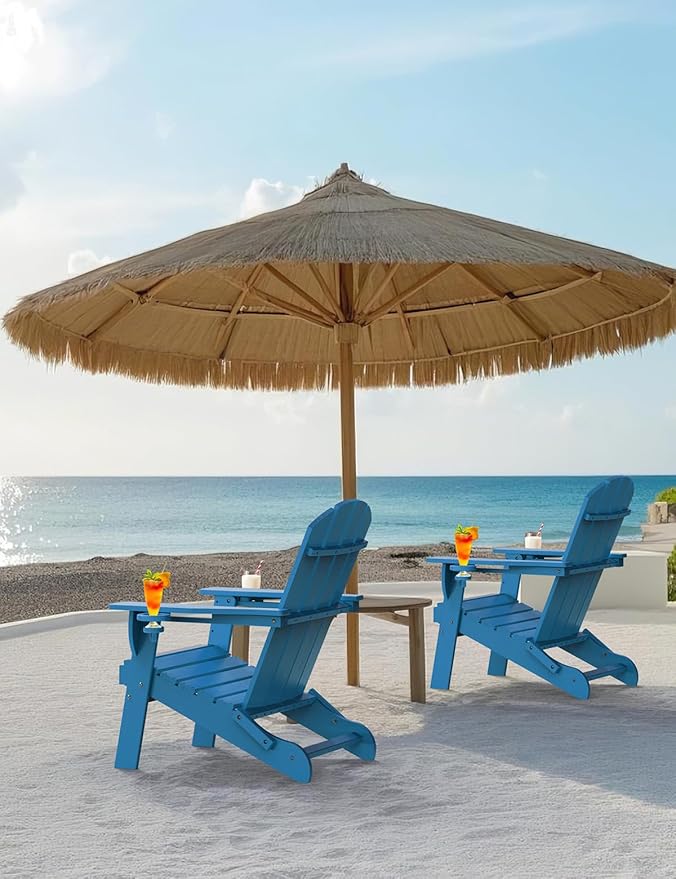 Folding Adirondack Chair Set of 2, Wooden Textured Plastic Adirondack Chairs with 2 Cup Holder, Weather Resistant HDPE Fire Pit Chair, Outdoor Patio Chairs for Garden, Backyard, Lawn, Deck, Blue