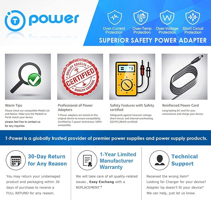 T POWER 12V Charger for Westinghouse WGen9500, WGen12000, WGen3600DF, iGen4500, WPro12000, WPro8500 Generators - 12V DC Adapter - 14.4W - 1.2A - 2-Pin Connector - Black - T POWER Brand