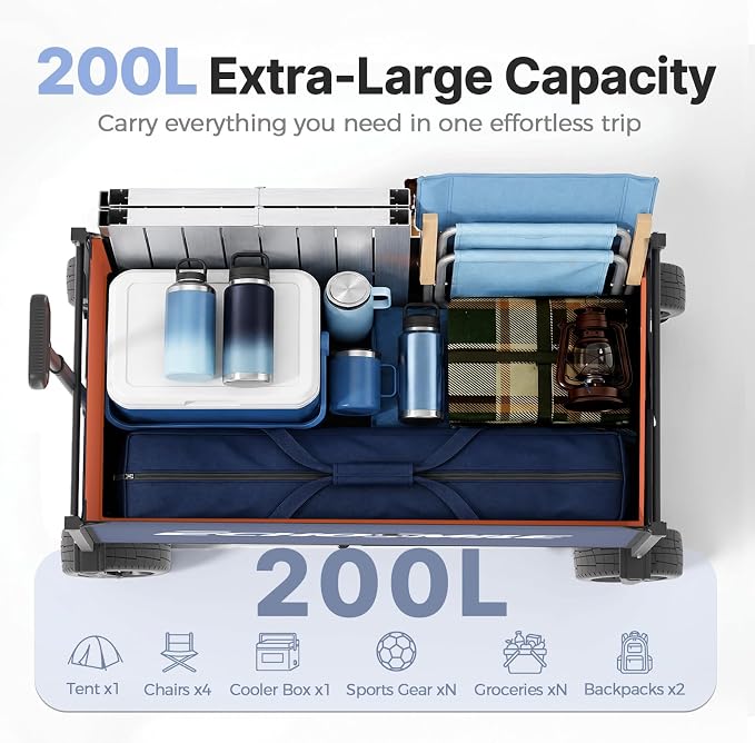 EchoSmile Collapsible Wagon Cart for Camping & Beach - Heavy Duty 400lbs Capacity All-Terrain Cart with Wide Wheels, Portable Folding Utility Wagon for Grocery, Garden, Sports,Blue&Orange