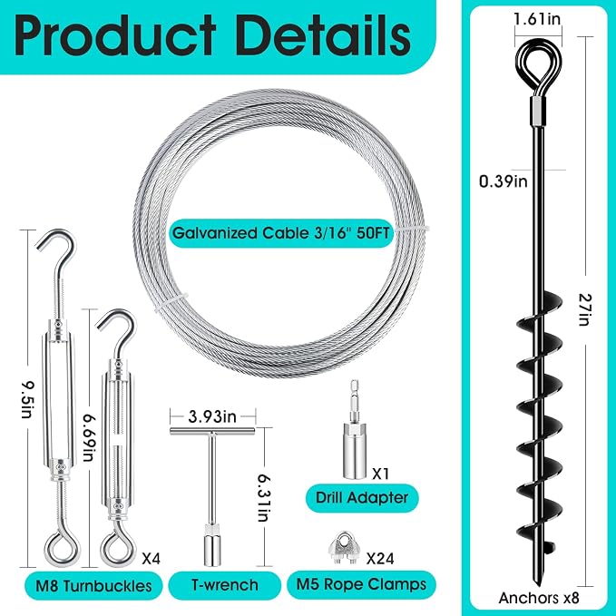 27" Ground Anchors Heavy Duty Shed Anchors Kit, Mobile Home Anchor with 3/16" Galvanized Cable and Turnbuckles for Sheds Canopy Gazebo Trampoline Swing Set(8x27in)