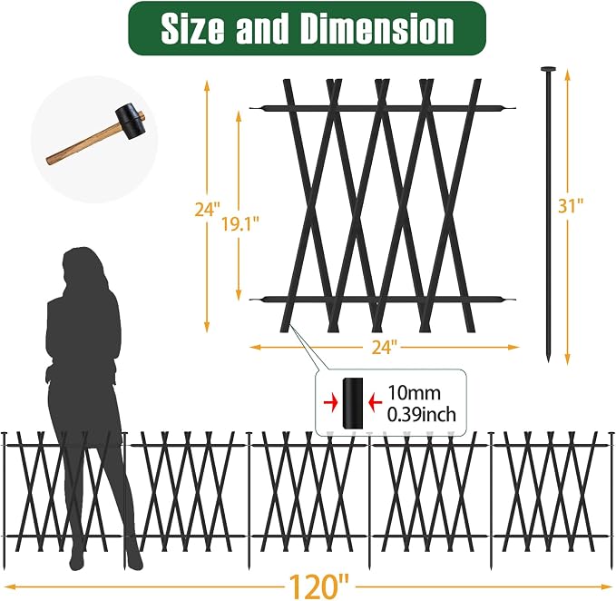 5 Panels Decorative Garden Fence 24in H x 10Ft L, Heavy Duty Rustproof Metal Animal Barrier No Dig Fencing Outdoor Dog Fence Flower Bed Border, Lawn Edging for Pet, Yard& Patio, Landscape