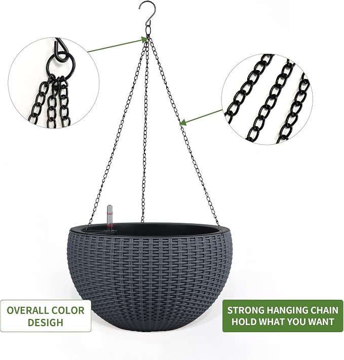 Dexceder 13.5 Inch Self Watering Hanging Planter (Gray) | Thickened Large Hanging Basket Flower Plant Pot with Water Level Indicator Indoor Outdoor