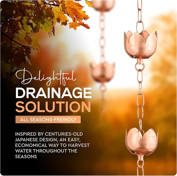 Copper Rain Chain – Decorative Chimes & Cups Replace Gutter Downspout & Divert Water Away from Home for Stunning Fountain Display – for Universal Fit