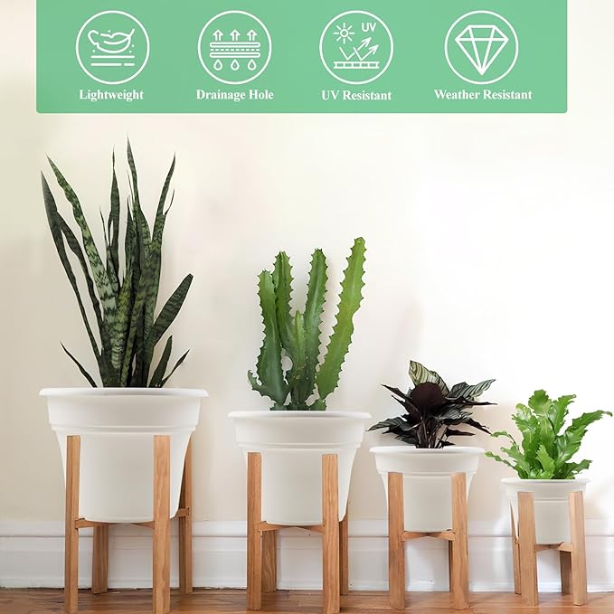 Pottiffe 10 Inch Plastic-Flower-Pot-for-Indoor-Plants, 4 Pack Large Outdoor Planter Pot with Drainage Holes & Saucers, Resin Decorative Garden Pots Planters