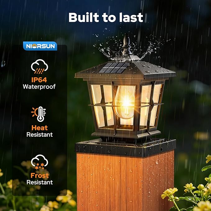 NIORSUN Solar Post Lights Outdoor, Fence Post Solar Lights with 3 Color Temperatures, Edison LED Bulbs Garden Patio Fence Deck Decor, 4x4 Posts Caps, 4x4, 5x5 Wooden & Vinyl (2 Pack,Black)