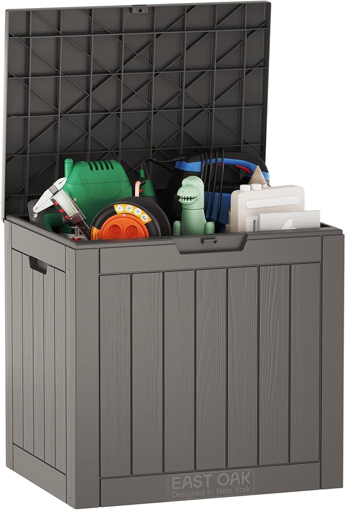 EAST OAK 60 Gallon and 31 Gallon Deck Boxes, Outdoor Storage Boxes with Padlock for Patio Furniture, Cushions, Gardening Tools, Pool Supplies | Waterproof and UV Resistant | Grey