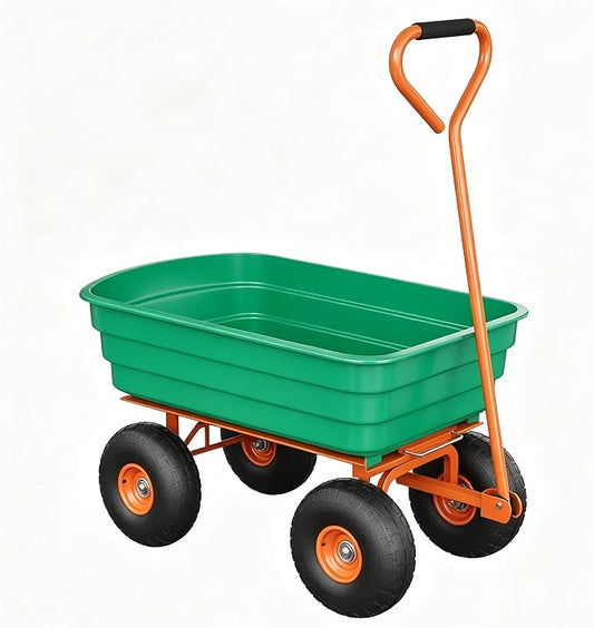 1200 LB Garden Dump Cart with Quick Release System, Poly Garden Wagon with 180° Rotating Handle & All Terrain Tires, Yard Cart Utility Wagon for Landscaping, Gardening, Green & Orange