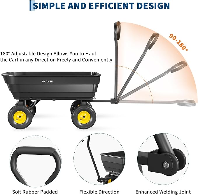 GarveeLife Poly Garden Dump Cart, 600 lb Wheelbarrow Yard Cart with 10 in Wheels, Quick-Dump & Towable Utility Wagon for Yard, Soil, Rocks（Black）