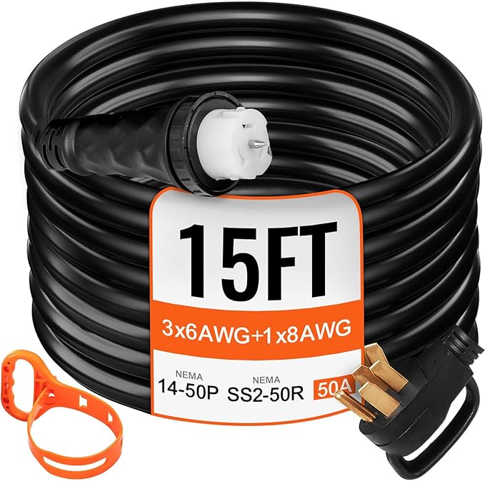 VEVOR 15FT 50 Amp Generator Extension Cord for RV Camper Home Backup, STW 6/3+8/1 AWG Pure Copper Generator Power Cord, NEMA 14-50P to SS2-50R & CS6364 Twist Lock, 125/250V 12500W, ETL Listed