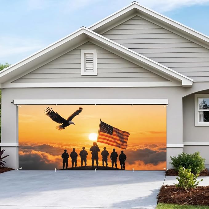 7 * 16FT Eagle flag Military Memorial Day Garage Door Cover Decorations Independence Day Garage Door Banner for Outdoor Indoor Patriot Party Photography Backdrop