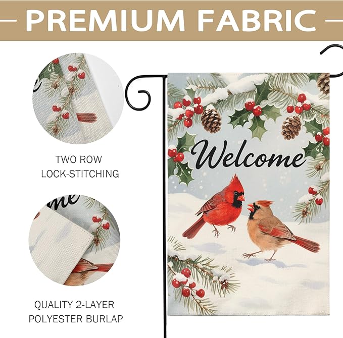 Welcome Winter Garden Flag 12x18 Inch Cardinal Bird Snow Scene Christmas Holiday Seasonal Decorative Yard Flags for Outside Double Sided Outdoor Home Farmhouse Decoration Porch New Year Decor
