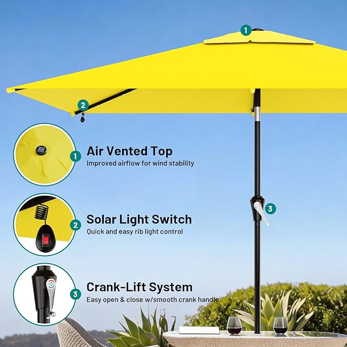 AreShark 6.5' x 10' Rectangular Patio Umbrella with Solar Lights, Solar Powered Lighted Market Umbrella w/Tilt and Crank, Outdoor Table Umbrella for Garden, Deck, Backyard, Pool and Beach, Yellow