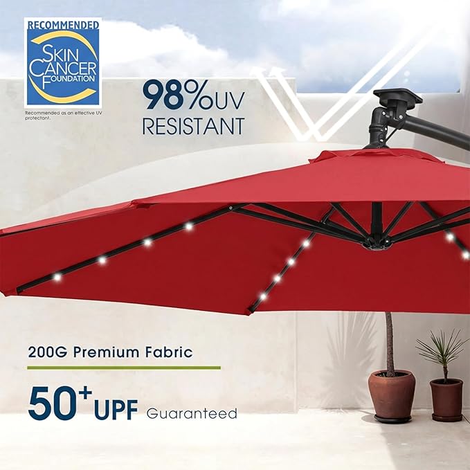 wikiwiki 10ft Solar LED Offset Patio Umbrella, Outdoor Cantilever Patio Umbrellas with Solor Lights for Backyard, Poolside and Garden, Easy Tilt Adjustment, 32 LED Lights & Polyester Shade, Red