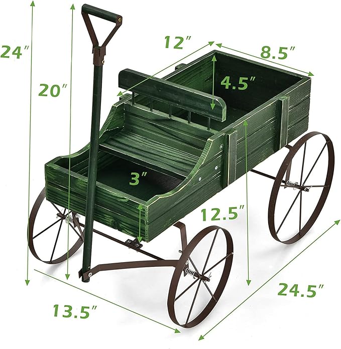 DORTALA Wood Wagon Planter, Outdoor Garden Flower Planter Cart with Wheels, Small Decorative Wood Raised Bed Plant Pot Box Stand for Backyard, Patio, Balcony, Green