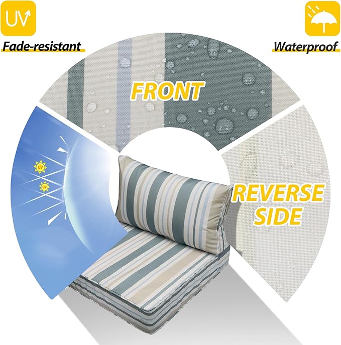 AAAAAcessories Outdoor Seat Cushions for Chairs, Fade-Resistant, Waterproof Patio Furniture Replacement Cushions, 23" x 23" x 5" + 23" x 13.5", Slate Gray Blue Coastal Stripe