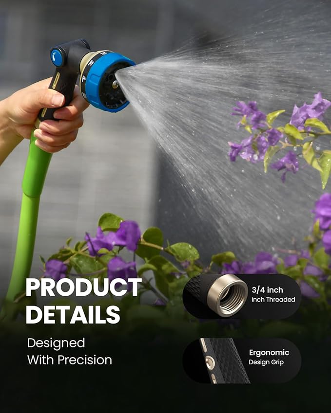 RAINPOINT Garden Hose Nozzle Heavy Duty - 100% Metal Thumb Control Spray Nozzles for Garden Hose High Pressure, 10 Patterns Water Hose Nozzle for Car Wash, Watering Lawn and Pets, Blue2, 2 Pack