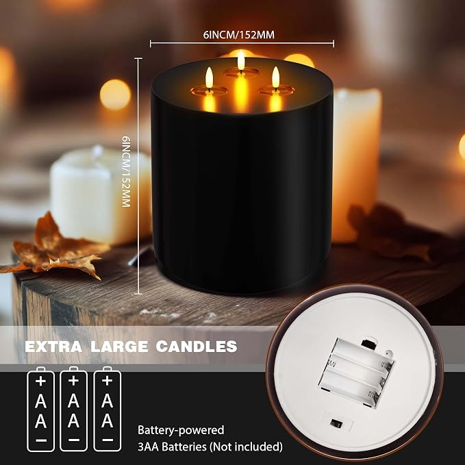 Black Extra Large Flameless Candles 6"x6" Battery Operated Candle with Remote Real Wax 3 Wick Led Candles Flickering Flame Fake Candles for Halloween Harvest Festival Christmas Home Decor