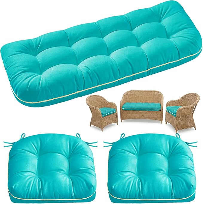 1 MIDDLE ONE Wicker Chair Cushions 3 Pieces Set for Outdoor Furniture, Replacement Patio Wicker Furniture Cushions, 1Pc Loveseat Cushion & 2Pcs Chair Cushions (Teal)