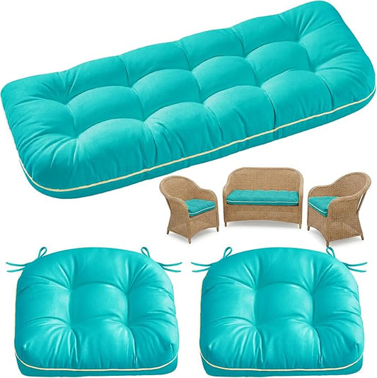 1 MIDDLE ONE Wicker Chair Cushions 3 Pieces Set for Outdoor Furniture, Replacement Patio Wicker Furniture Cushions, 1Pc Loveseat Cushion & 2Pcs Chair Cushions (Teal)