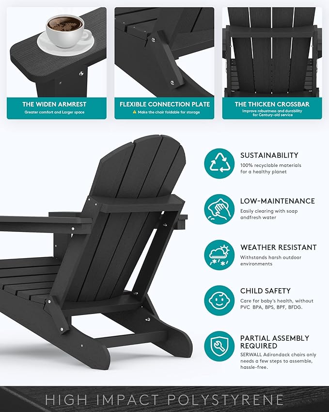 SERWALL Folding Adirondack Chairs Set of 6, Patio Chairs Lawn Chair Outdoor Adirondack Chair with Cup Holder, Weather Resistant for Patio Deck Garden, Backyard, Fire Pit - Black