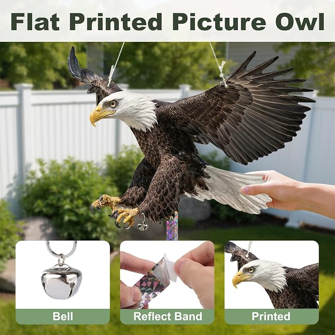 Fake Eagle to Keep Pigeon Woodpecker Animals Away, 3 Pack Hanging Flat Plastic Fake Eagle with Reflective Tape to Scare Animals Away for Outside Garden Balcony Window Outdoor Patio Backyard Porch