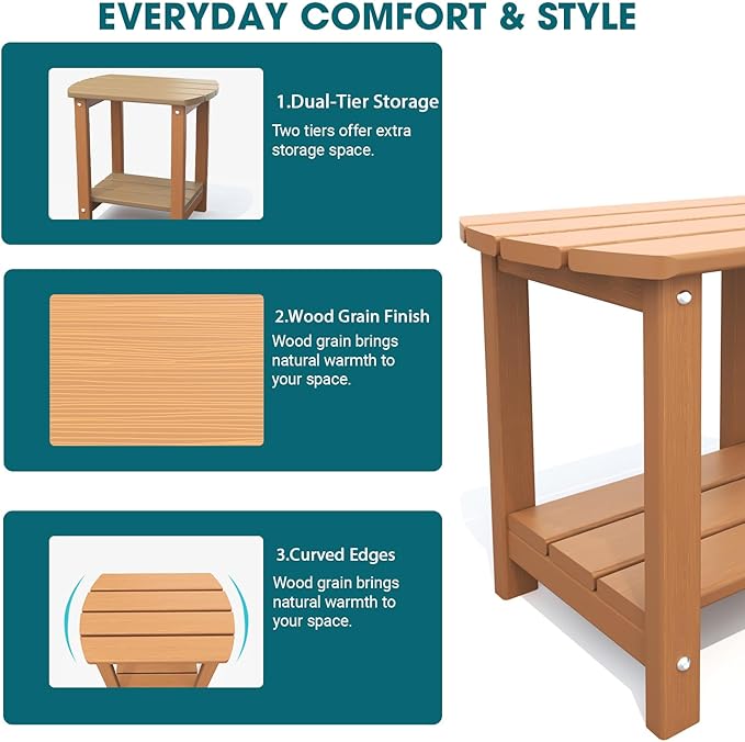 THOEOE Adirondack Outdoor Side Table, 2-Tier Sturdy Patio End Table Weather Resistant, Morden Side Table for Patio, Pool, Porch, Wood