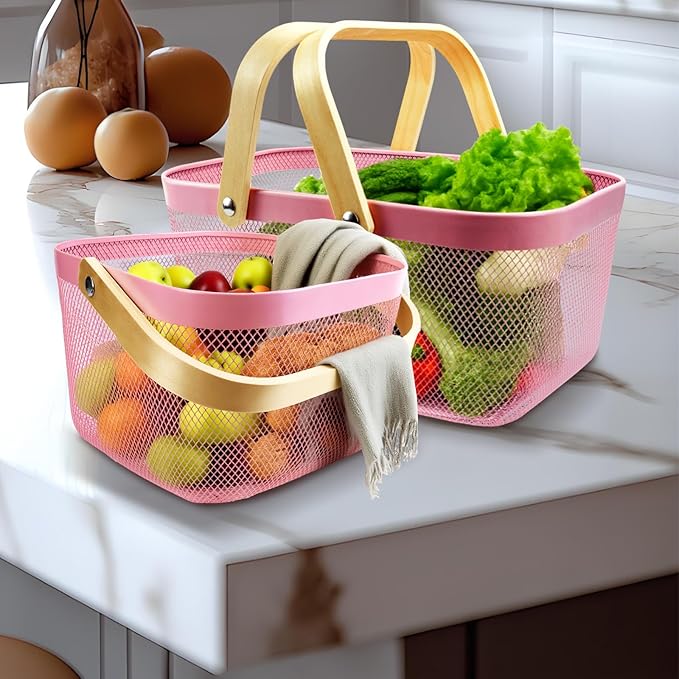 Cheardia 2 Pack Picnic Baskets, Metal Mesh Harvest Basket with Foldable Wooden Handle, Rectangle Garden Storage Basket Bin for Vegetable Fruit Garden Kitchen Cabinet Picking Gathering, Pink