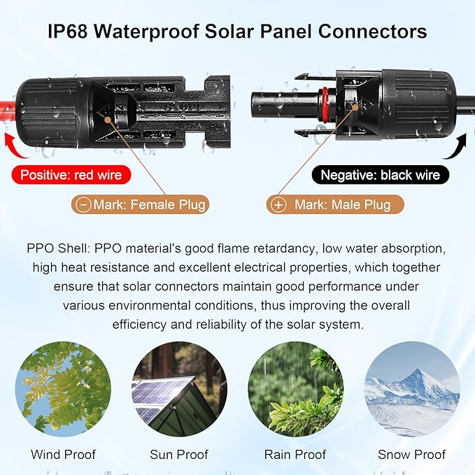Solar Panel Extension Cable - 10AWG 5FT Solar Wire with Female & Male Waterproof Connector PV Wire for RV, Photovoltaic Systems, Home, Boat, Solar Panels, Car(5 feet Red + 5 feet Black)