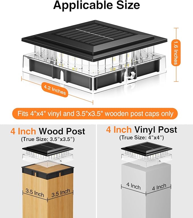 4 Pack Solar Post Cap Lights Outdoor, 4x4 Fence Post Solar Lights Outdoor Waterproof for 4x4 Vinyl/Wooden Posts, Brighter Warm Light Mode Deck Fence Post Cap Lights Solar Powered for Patio Porch