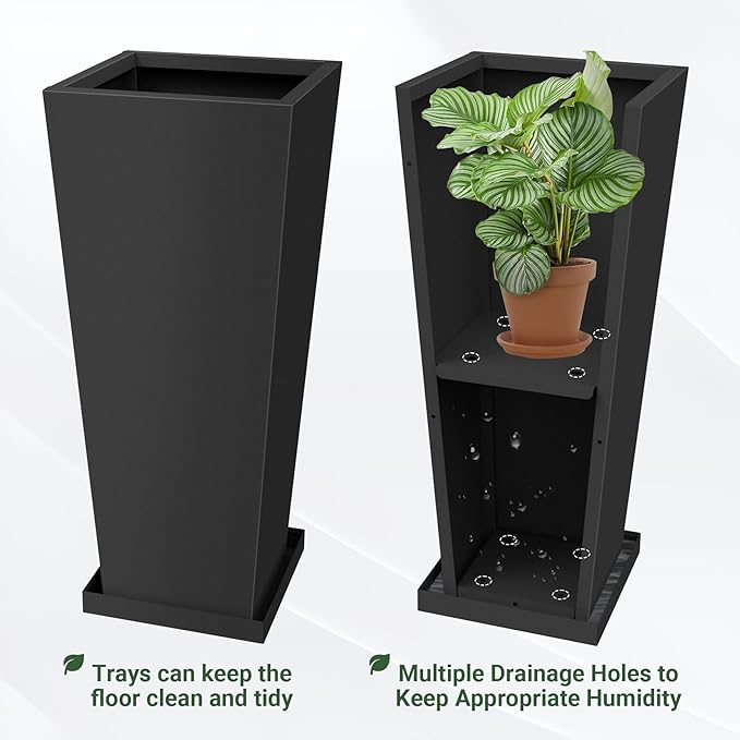 Metal Tall Outdoor Planters Set of 2, 30 inch Durable Tall Planters with Rust-Proof Coating & Drainage Insert Shelve & Trays, Black Outdoor Planters for Porch, Garden, Patio, Yard