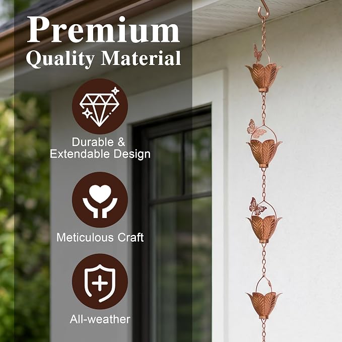 Topadorn Butterfly & Flower Rain Chain, 8.7 FT Copper Finish Metal Rain Chain for Gutters, Decorative Downspout Alternative for Garden, Patio & Yard Decor