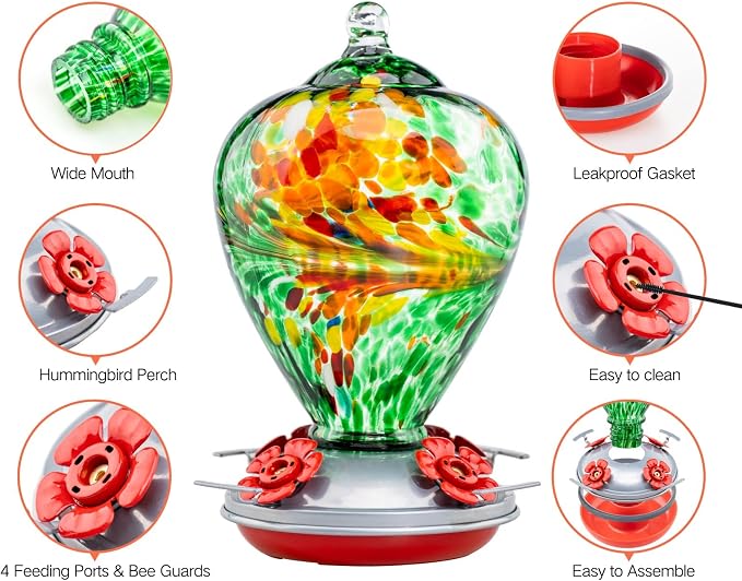 Muse Garden Hummingbird Feeders for Outdoors Hanging, Blown Glass Hummingbird Feeder, Hummingbird Gifts for Mom, Garden Backyard Decor, Unique Gifts Idea for Women Mothers Day, 34OZ, Peacock | Muse Garden Hummingbird Feeders for Outdoors Hanging, Blown...