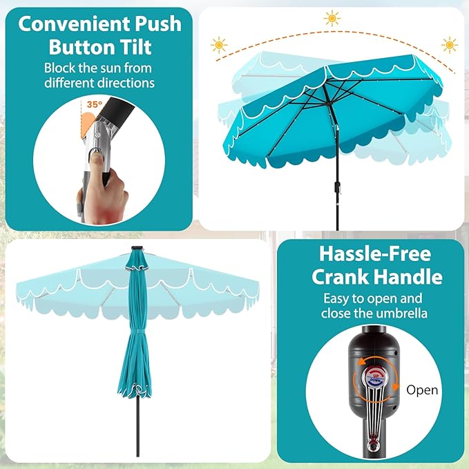 Tangkula 10FT Solar LED Patio Umbrella, 2-Tiers Scalloped Outdoor Table Market Umbrella with 24 LED Lights, Vented Top, Tilt Adjustment, Crank, 8 Ribs for Backyard Poolside Deck Beach Lawn (Turquoise)