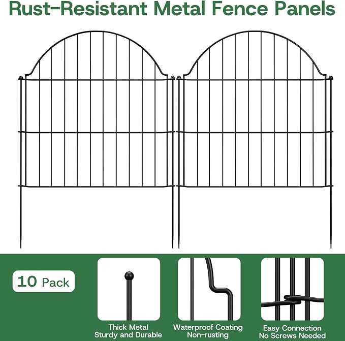 Garden Fence Panels, 24in H x 19.36ft L, 10 Panels Rust-Resistant Decorative Garden Fence, No Dig Small Garden Fence, Animal Barrier Fence for Garden Yard Flower Bed Patio Outdoor
