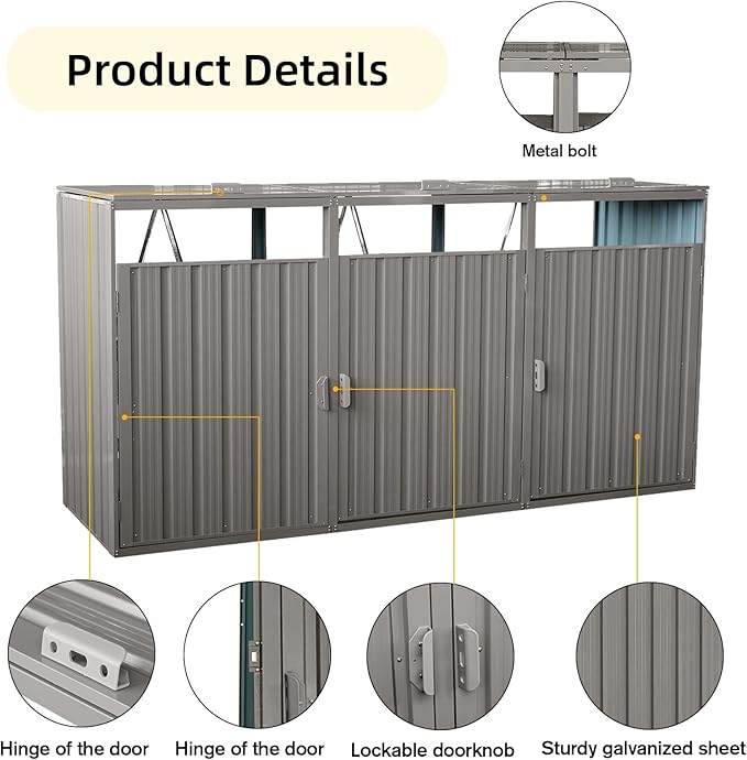 82.7 Cu.Ft Outdoor Trash Can Storage Shed, Metal Trash Can Storage Bin with Spring Chain Lid for Garbage Storage, Waterproof Storage Shed Stores for 3 Trash Cans, Garden Tools, Gray