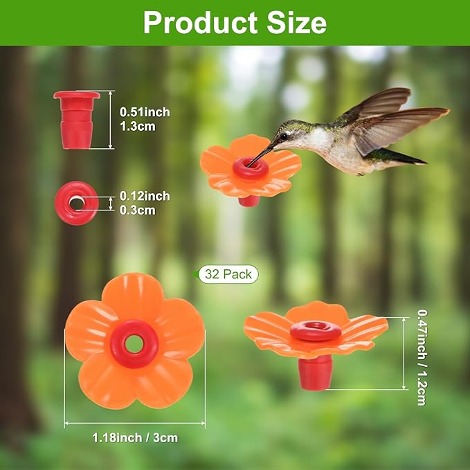 M METERXITY 32-Pack Hummingbird Feeder Replacement Flowers, Plastic Pet Hummingbird Feeding Parts Feeding Ports for Outdoor Hanging Feeders, Bees Guards [Orange]