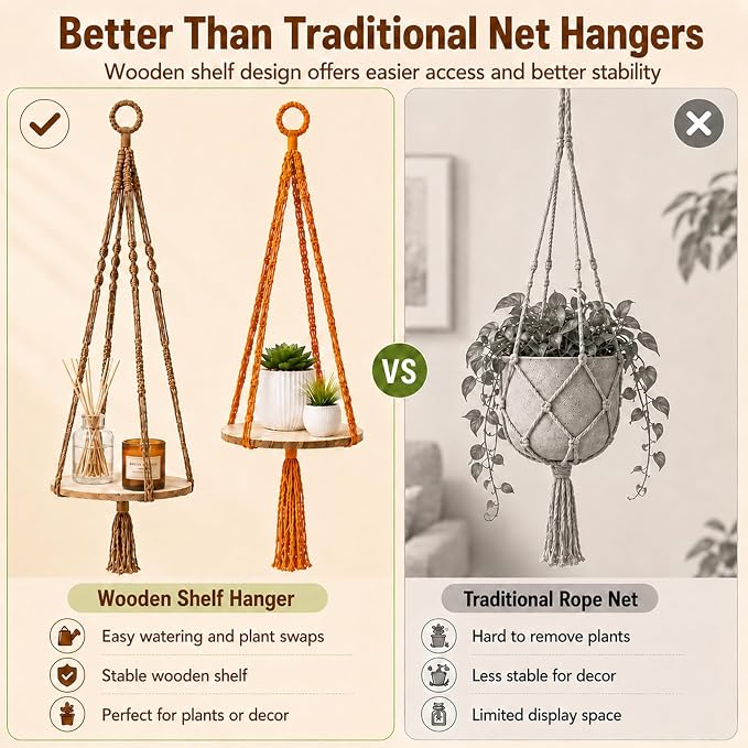 Artilady 2 Pack Macrame Hanging Planter with Wood Shelf, Boho Plant Hanger for Indoor Plants Basket Holder for Window Balcony Kitchen