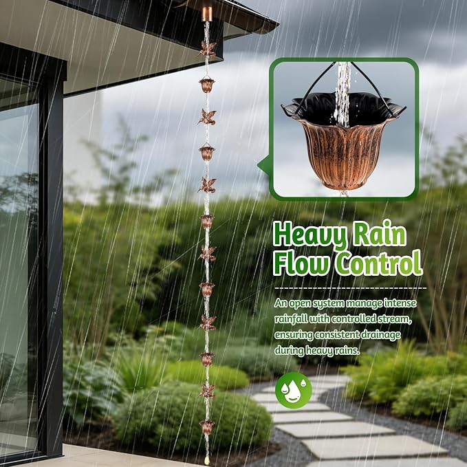 Rain Chains for Gutters Outside 8.5FT Copper Rain Catcher Chain with Adapter Decorative Replacement for Downspout with 6 Hummingbirds and 6 Flower Cups