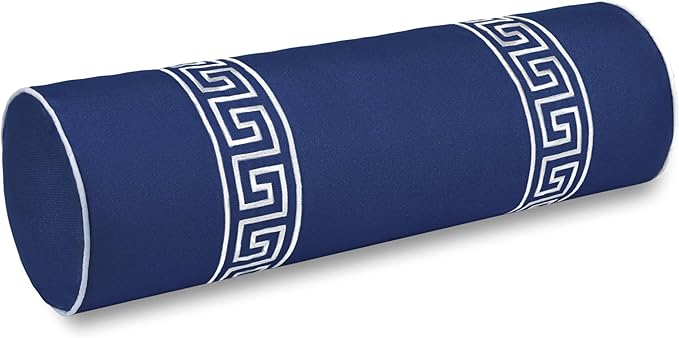 Hofdeco Premium Coastal Hampton Patio Indoor Outdoor Bolster Pillow Cover Only, 8"x24" Water Repellent for Backyard, Couch, Poolside, Navy Blue Embroidered Greek Key