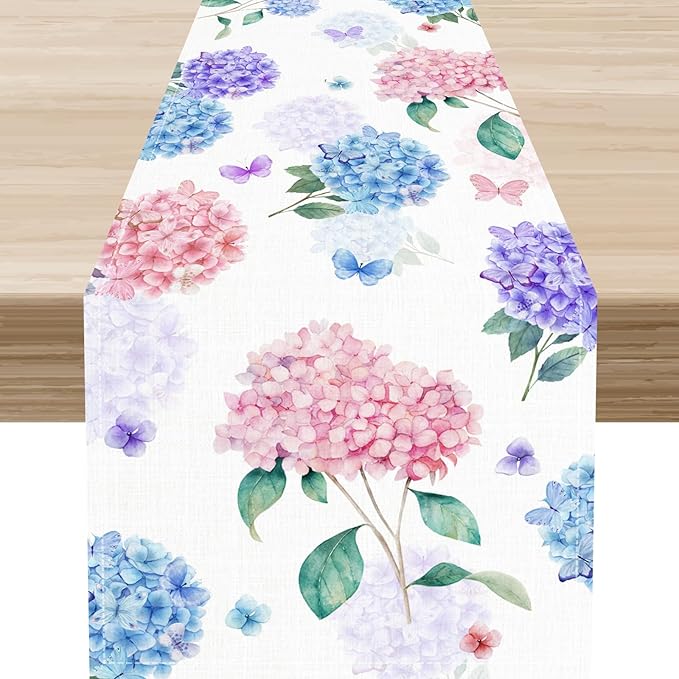 Pink Hydrangea Table Runner, Rustic Spring Floral Watercolor Butterfly Summer Seasonal Boho Flower Coffee Table Center Decor for Family Kitchen and Dining Party Farmhouse Table Decorations, 13"x36"